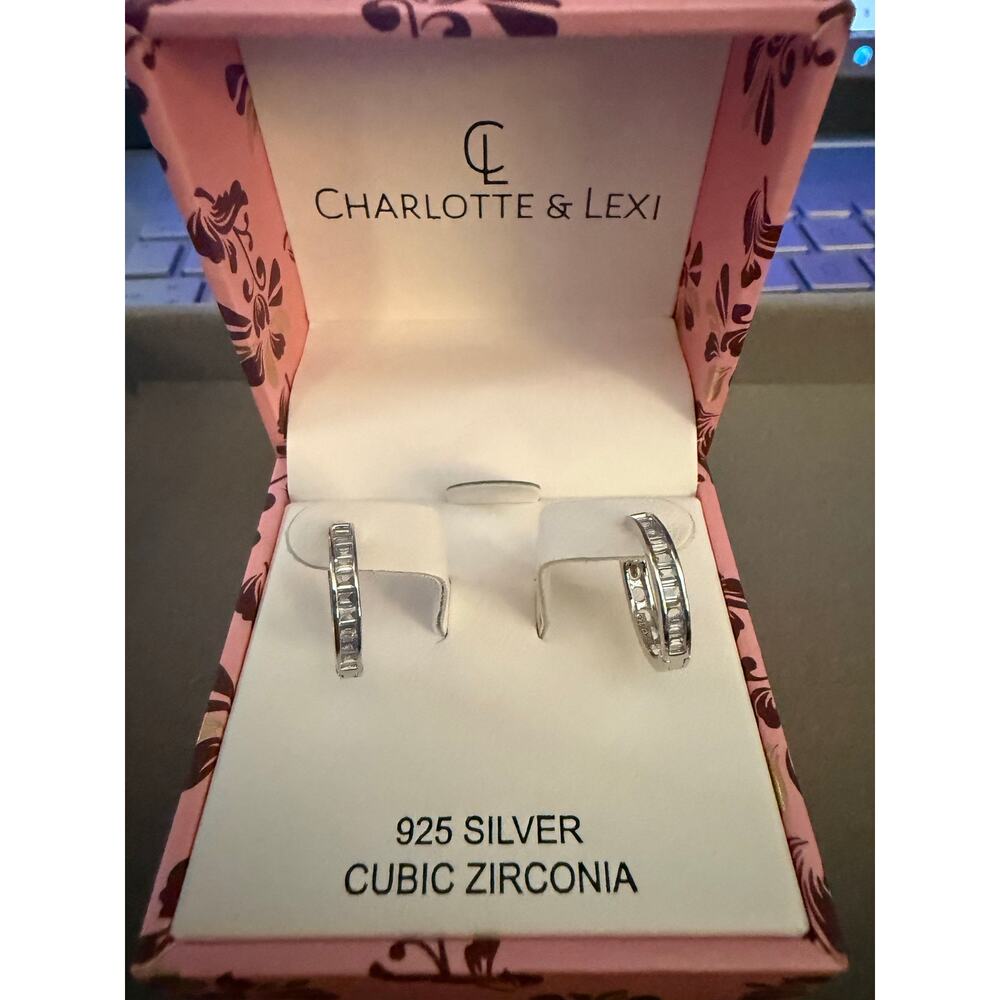 Charlotte & Lexi 925 Sterling Silver Baguette CZ Hoop Earrings New in Box - Picture 4 of 7